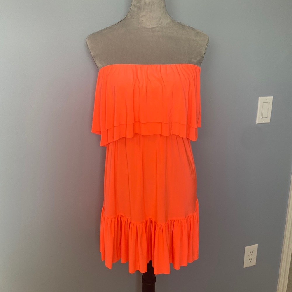 Strapless Peach Neon Dress with Ruffles 🍑 NEVER WORN